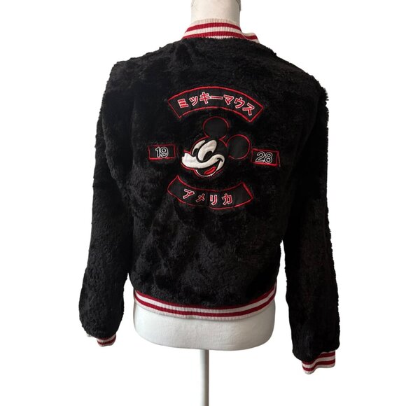 Disney X Forever 21 Mickey Mouse Faux Fur Bomber Jacket Black Red Womens Size S - Picture 3 of 15